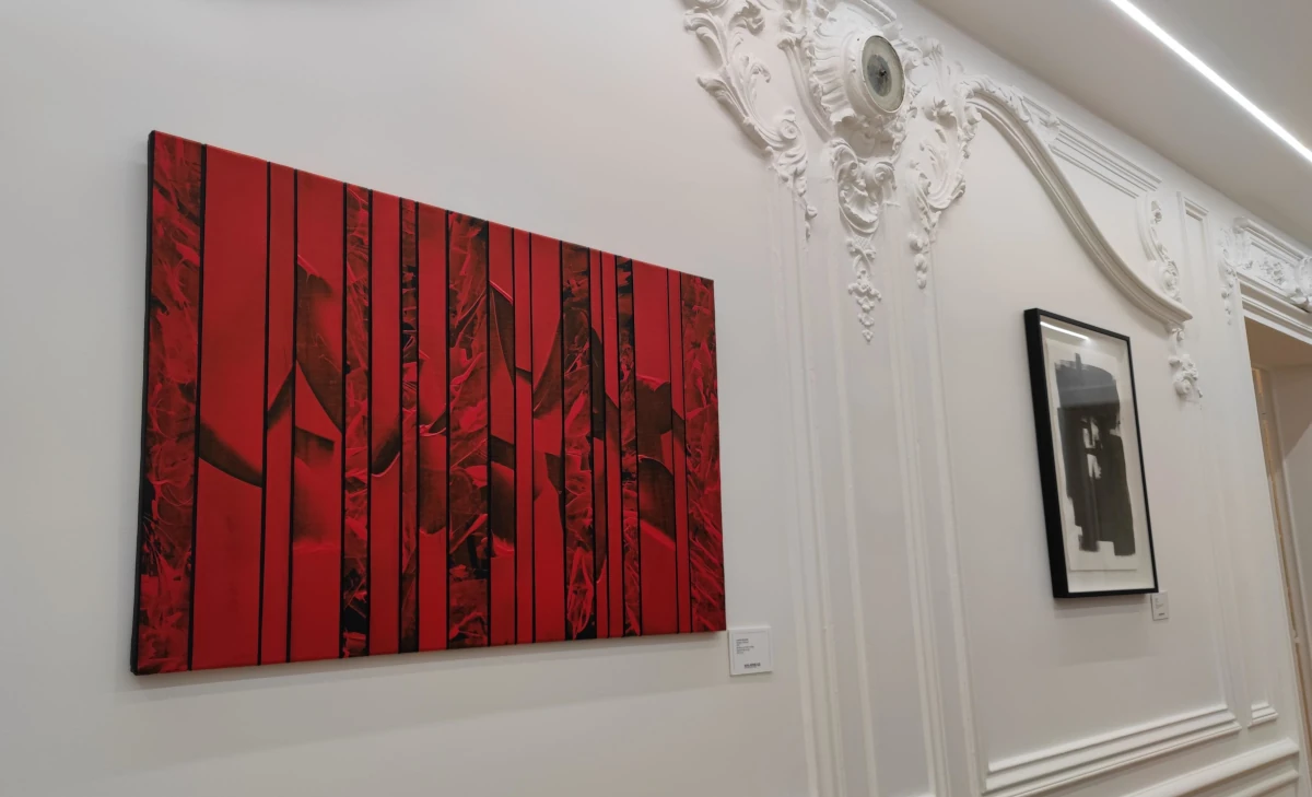Exposure « Contemporary expressions », Gallery 12 (outside the walls), Paris, June 2024 Landscape Entrelacé I (foreground) - 2023 - acrylic on canvas, collage - 60×90 cm - © Adagp